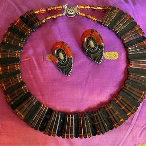 Beautiful  acrylic set earrings and neck piece. Warm. Browns and amber colors.